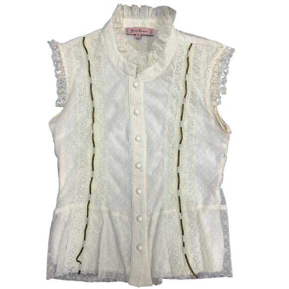 Young Essence Tops - Y2K Young Essence Sleeveless Lace Button Up Cream and Green size S